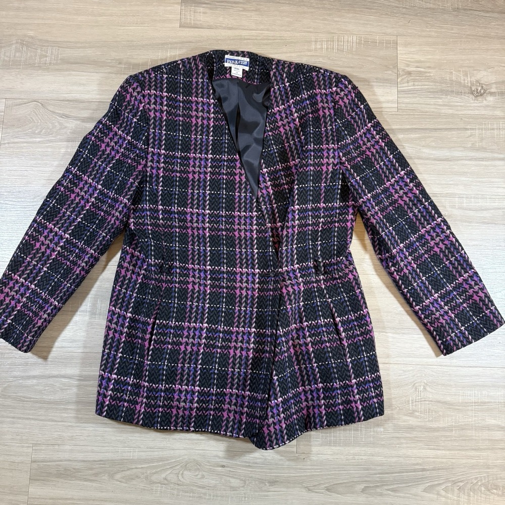 Pendleton Vintage Wool Plaid Blazer Jacket Single Button Multicolor Size 12 USA